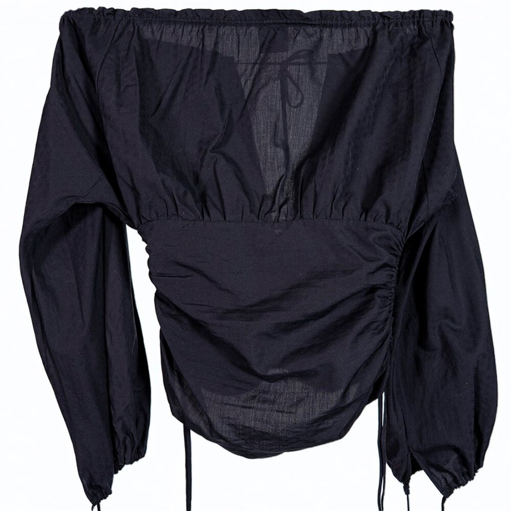 Just Cavalli Black Off Shoulder Ruched Blouse Size 4 | Designer Long Sleeve Top - Picture 2 of 5